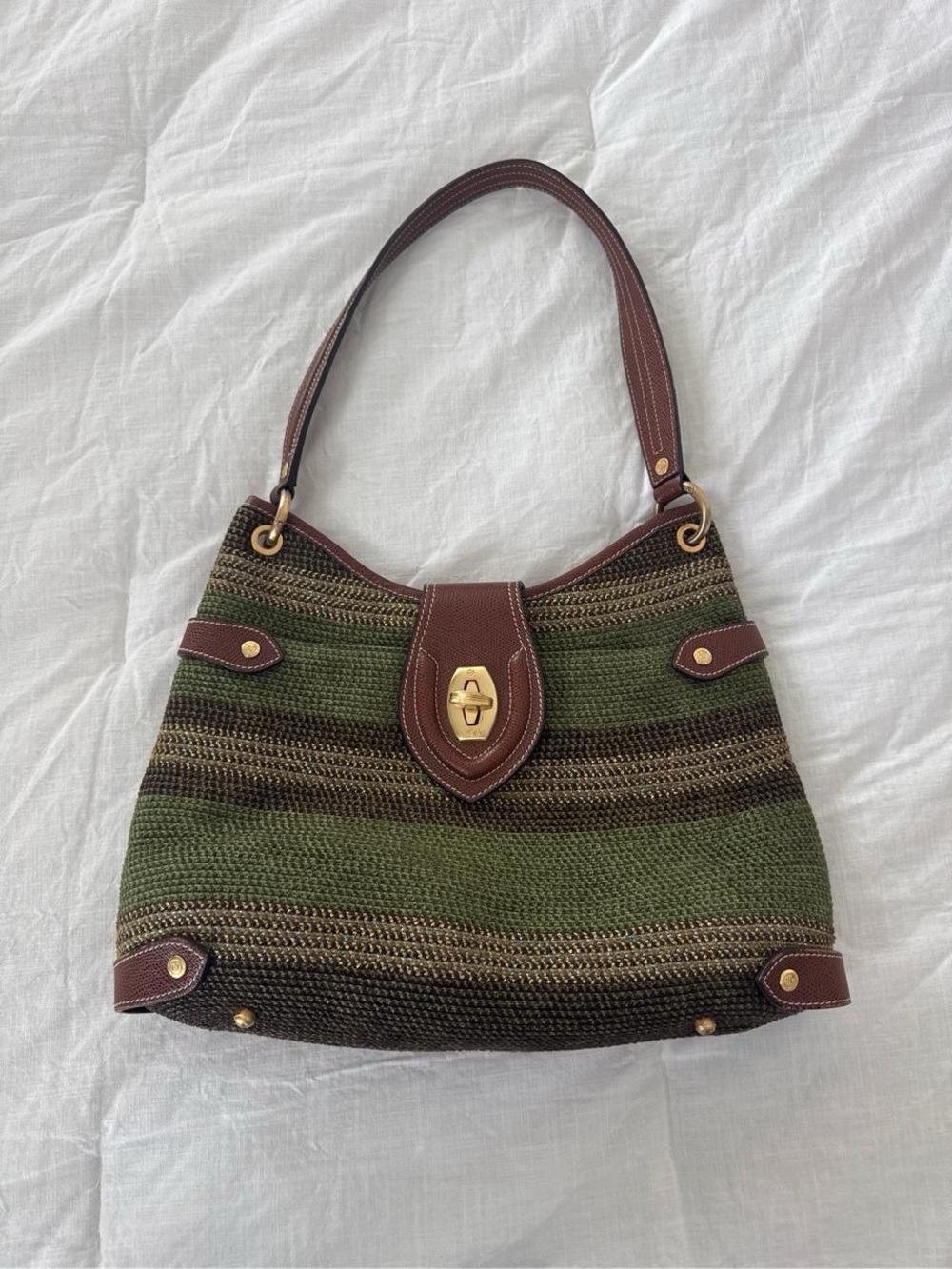 Eric Javits Olive & Brown Woven Shoulder Bag with Gold Hardware